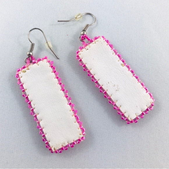 Handmade in Canada Beaded Pink Rectangular Earrings - Picture 2 of 3
